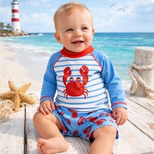 Little Me Crab Rash Guard & Swim Trunks Set 18M Coastal Beach Baby Swimwear Pool